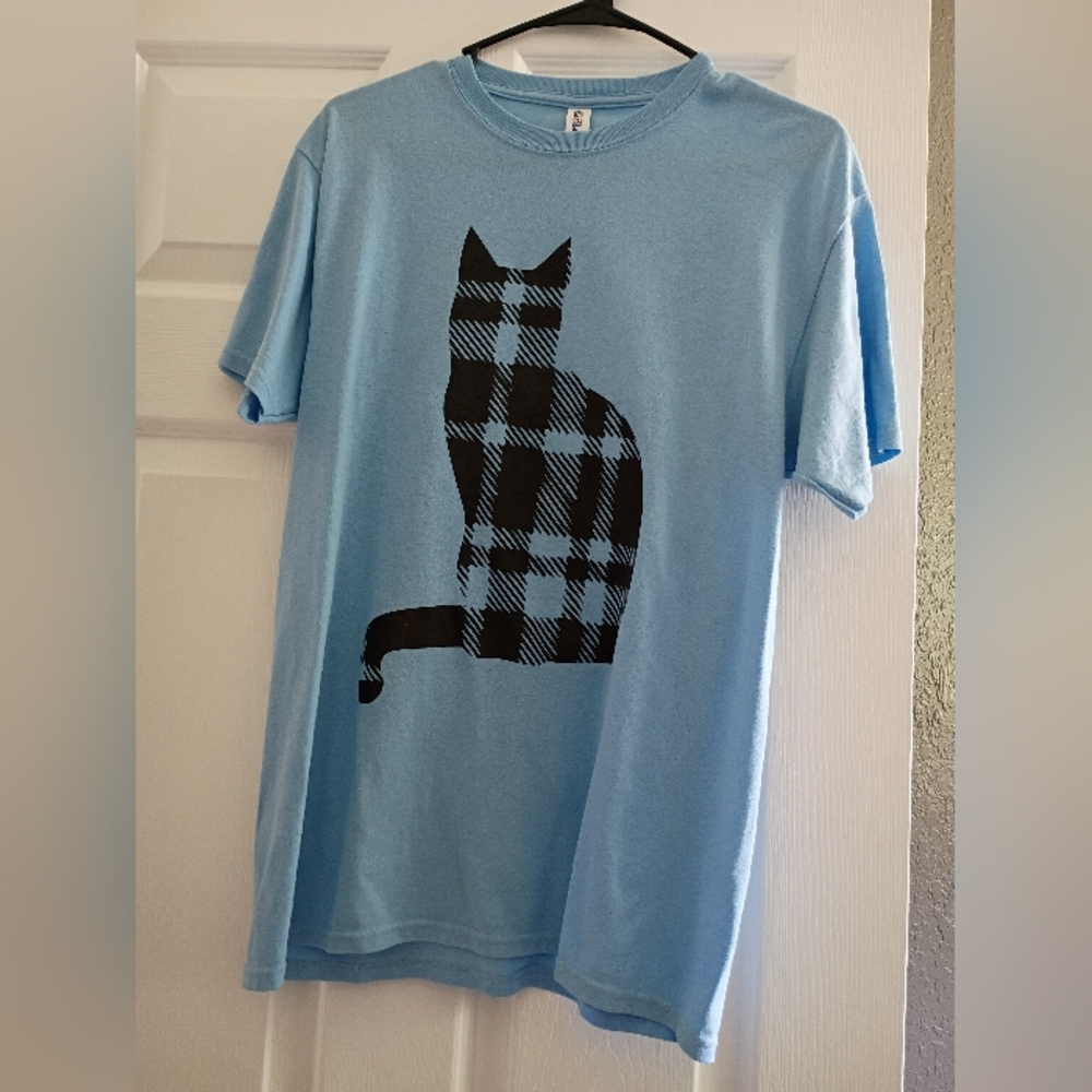 Jerzees Blue T-Shirt with Plaid Cat Design